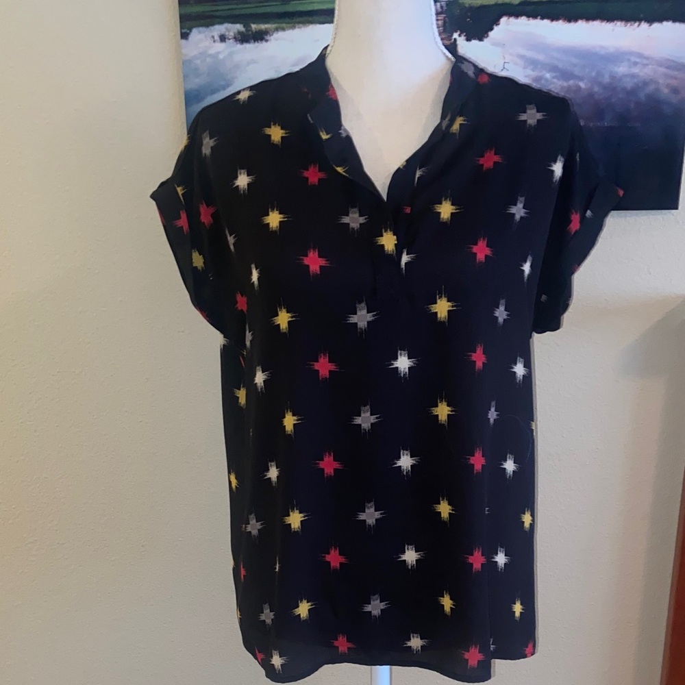 Navy Blue Pleione Blouse with Colorful Southwestern Star Pattern & Short Sleeves
